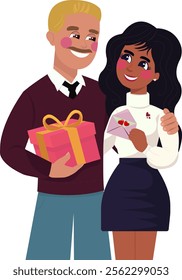 Happy couple in Love. Loving Couple with gift of box and Valentines letter. Perfect for romantic designs and greeting cards. Happy Valentine's Day vector illustration