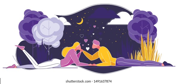 Happy Couple in Love Lying under Sky with Moonlight, Clouds and Stars Flat Cartoon Vector Illustration. Man and Woman Having Date at Night on Nature. Tender Relationships. Taling Care.