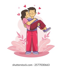 Happy couple in love, man carry women with love. Valentine's Day romantic illustration.