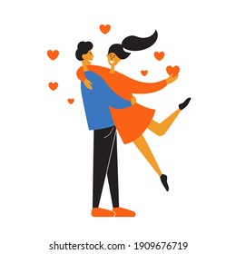 Happy couple in love. Man carrying woman in arms. Male and female together. Valentines day card. Romantic persons embrace. Sweet date. Love story vector illustration. Girl holding heart shape in hand