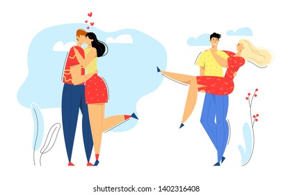 Happy Couple in Love. Man Kissing his Girlfriend. Woman Hugs Boyfriend. Romantic Dating, Marriage Proposal Concept with Lovers Characters. Vector flat illustration