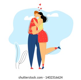 Happy Couple in Love. Man Kissing his Girlfriend. Woman Hugs Boyfriend. Romantic Dating Concept with Lovers Characters. Vector flat illustration