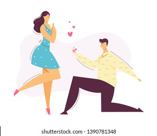 Happy Couple in Love. Man makes Marriage Proposal to Girlfriend. Groom Gives Engagement Ring to the Bride Kneel. Vector flat cartoon illustration