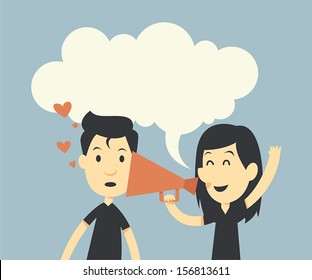 Happy couple in love with megaphone and bubble speech