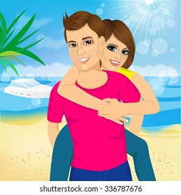 Happy couple in love on beach summer vacations. Joyful girl piggybacking on young caucasian boyfriend playing and having fun in sunny tropical destination for travel holiday.