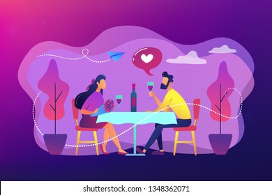 Happy couple in love on romantic date sitting at table and drinking wine, tiny people. Romantic date, romantic relationship, love story concept. Bright vibrant violet vector isolated illustration