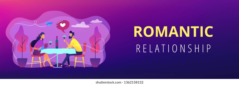 Happy couple in love on romantic date sitting at table and drinking wine, tiny people. Romantic date, romantic relationship, love story concept. Header or footer banner template with copy space.