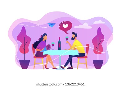 Happy couple in love on romantic date sitting at table and drinking wine, tiny people. Romantic date, romantic relationship, love story concept. Bright vibrant violet vector isolated illustration