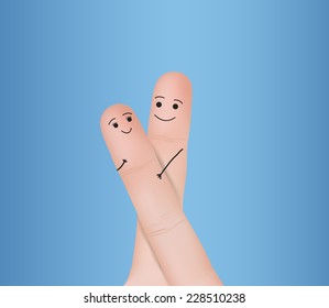 A happy couple in love with painted smiley and hugging