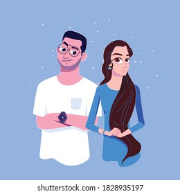 Happy couple in love. Portrait of a young man and woman looking at each other. Boyfriend and girlfriend. Vector illustration.