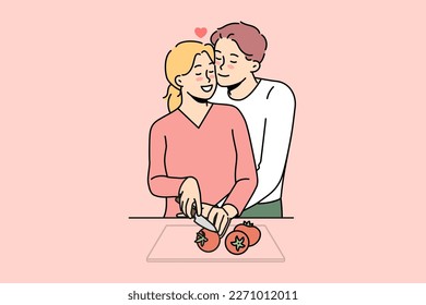 Happy couple in love preparing food together. Smiling man and woman lovers cooking at home kitchen. Vector illustration. 