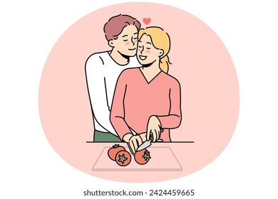 Happy couple in love preparing food together. Smiling man and woman lovers cooking at home kitchen. Vector illustration.