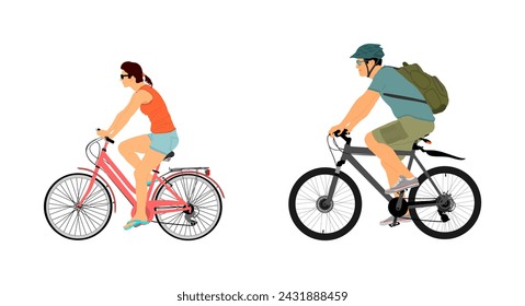 Happy couple in love riding bicycle vector illustration isolated on white background. Outdoor after work relaxing in nature. Boy and girl on date. Woman and man with backpack and helmet enjoy in drive