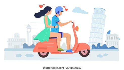Happy couple in love riding motor scooter, flat vector illustration. Summer holidays, a romantic vacation, honeymoon.