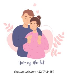 Happy couple in love. Romantic valentine card Youre my other half. Vector illustration in flat style of loving young couple for valentines day, wedding and birthday design.