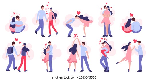 Happy couple in love set. Young people on Valentine day. Lover celebrate romantic date. Idea of relationship and love. Isolated vector illustration in cartoon style