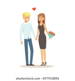 Happy couple in love standing and holding hands, romantic date colorful characters vector Illustration