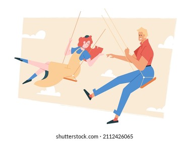 Happy couple in love is swinging on a swing. Man and woman enjoy vacation together. Date outdoors. Vector flat illustration.