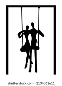 Happy couple in love swinging on swing vector silhouette illustration isolated on white background. Boyfriend hugs girlfriend outdoor closeness. Kiss on honeymoon travel vocation. Strong feelings.