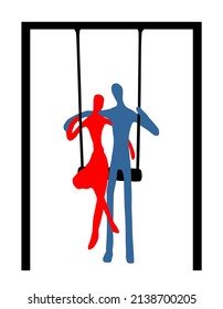 Happy couple in love swinging on swing vector silhouette illustration isolated on white background. Boyfriend hugs girlfriend outdoor closeness. Kiss on honeymoon travel vocation. Strong feelings.