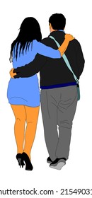 Happy couple in love walking vector isolated on white background. Client with escort lady entertainment. Mature man enjoy with younger sexy woman. Senior couple hugging.