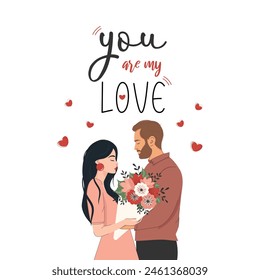 Una pareja feliz enamorada. Jóvenes en el Día de San Valentín. Amantes celebrando una cita romántica. Idea de relación y amor. Ilustración vectorial aislada en estilo de dibujos animados