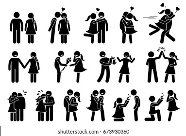 Happy Couple and Lover. Boyfriend and girlfriend love each others. Stick figures depict a couple kissing, holding hand, giving gifts, high five, consoling, hugging, cuddle, and marriage proposal.