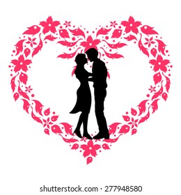 A happy couple lover with heart flower frame, wedding card or engagement, engage, valentines day. vector design