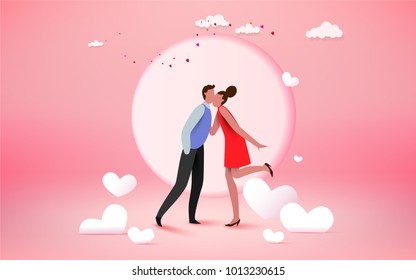 Happy couple lover kissing with heart and moon background, wedding card or engagement, engage, valentines day, happiness, vector design. Love concept.