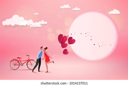 Happy couple lover kissing with heart and moon background, wedding card or engagement, engage, valentines day, happiness, vector design. Love concept.