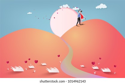 Happy couple lover kissing with heart and moon background, wedding card or engagement, engage, valentines day, happiness, vector design. Love concept.