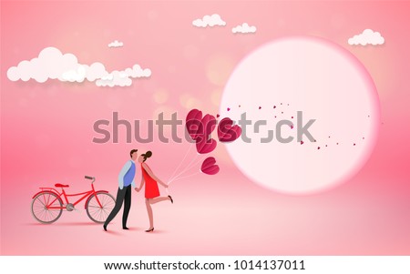 Happy couple lover kissing with heart and moon background, wedding card or engagement, engage, valentines day, happiness, vector design. Love concept.