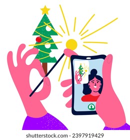 Happy couple lovers call to each other celebrate Christmas holiday together. Have fun embrace enjoy New Year party or celebration. Entertainment, winter vacation. Vector illustration.