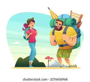 Happy couple of lovers has a journey in nature. Design of cartoon characters