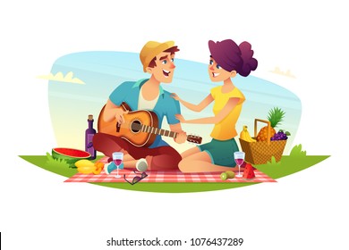 Happy couple of lovers has a picnic on nature. Design of cartoon characters