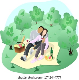 Happy couple of lovers has a picnic in nature. Boy and girl gently hug each other. Colorful vector illustration.