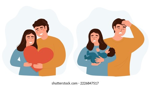 A happy couple of lovers with a heart in their hands embracing. The husband and wife with the baby are tired, they feel irritated. Cooling of relations, difficulties of family life. Vector graphics.