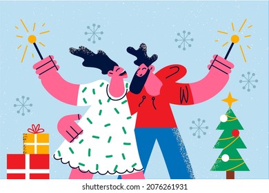 Happy couple lovers hug celebrate Christmas holiday together. Smiling man and woman have fun embrace enjoy New Year party or celebration. Entertainment, winter vacation. Vector illustration. 