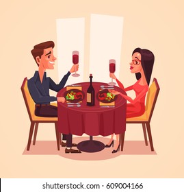 Happy couple lovers man and woman characters having dinner with wine. Vector flat cartoon illustration