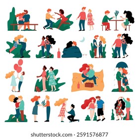 Happy Couple Lovers Meeting, Embracing, Kissing and Dating Vector Set