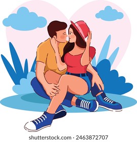 Happy couple lovers sitting in the park. Smiling man and woman embrace enjoy their love. Vector illustration.