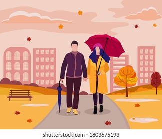 Happy couple of lovers with umbrella walking in a beautiful autumn city park. The concept of family outdoor recreation. Vector illustration of a man and a woman. Autumn