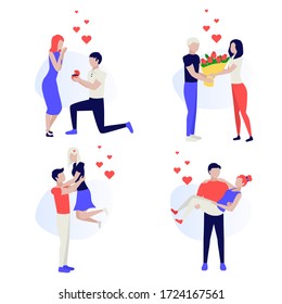 Happy couple. Loving man and woman during date, romantic, given flowers. Man carry her girlfriend on hands. Marriage proposal. Human characters on white background. Color vector illustration