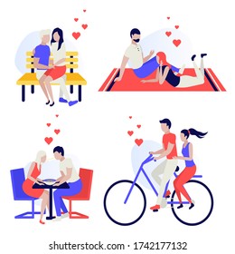 Happy couple. Loving man and woman during date, romantic, holding hands, hugging. Couple on bike. Love and feelings. Human characters on white background. Color vector illustration