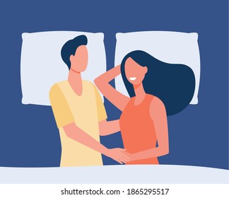 Fröhliches Paar, das zusammen im Bett liegt und lächelt. Kissen, Ehe, Freundin, flache Vektorgrafik. Lob- und Beziehungskonzept für Banner, Website-Design oder Landing-Webseite