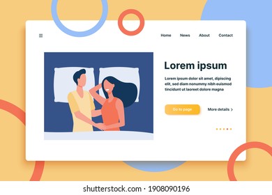 Happy couple lying in bed together and smiling. Pillow, marriage, girlfriend flat vector illustration. Love and relationship concept for banner, website design or landing web page