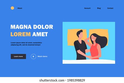 Happy couple lying in bed together and smiling. Pillow, marriage, girlfriend flat vector illustration. Love and relationship concept for banner, website design or landing web page