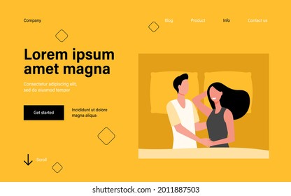 Happy couple lying in bed together and smiling. Pillow, marriage, girlfriend flat vector illustration. Love and relationship concept for banner, website design or landing web page