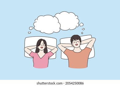 Happy couple lying on bed dreaming together, empty copy space. Smiling dreamy man and woman spouses relax rest have dreams sleep nap in bedroom. Future plan concept. Flat vector illustration. 