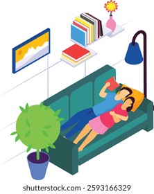 Happy Couple lying on couch isometric concept, Reading and Dreaming Together vector design, Love romance banner, Valentines Day Scene, human relationship illustration